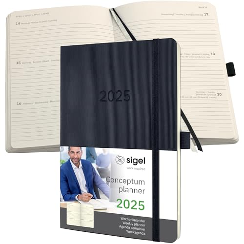SIGEL C2522 Conceptum Weekly Planner 2025, Approx. A5, Black, softcover, 2 Pages = 1 Week, 192 Pages, ca. A5
