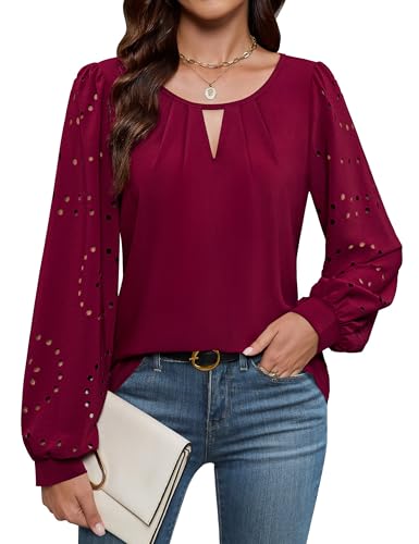 Blooming Jelly Womens Dressy Casual Tops Business Eyelet Long Sleeve Shirts Work Office Cute Blouses Trendy Fall Outfits