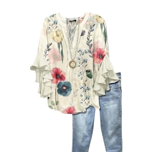 Boho Tops for Women Ruffled Sleeve V-Neck Flowy Shirts Fall Retro Dressy Casual Peasant Blouses Tunic Top Teachers Seniors Ladies Hippie Vintage Bohemian Plus Size Clothes Outfits Yellow XXL