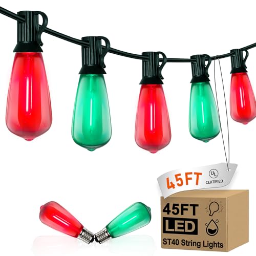 Image of GOOTHY LED ST40 Red and Green Outdoor String Lights, 45FT Patio Lights Waterproof with 30 LED Red Green Shatterproof Bulbs, Hanging Outdoor Light for Home Party Backyard Garden Christmas Decorations