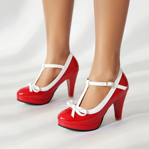 Image of ForeMode Fashion Women T-Strap High Heels Bow Platform Round Toe Pumps Leather Summer Sweet Shoes