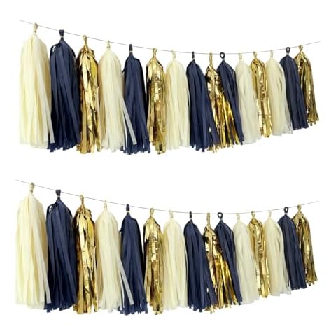 Autupy 15 PCS Navy Blue Gold Mylar Tassels Garland Tissue Paper Tassels Banner DIY Kit Navy Tassel Garland Navy Gold Birthday Party Decorations for Women Men Boys Girls, Party Supplies Cover