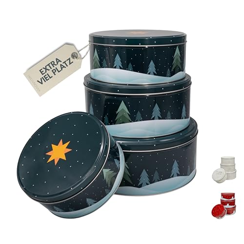 INSPINOVIA Keksdosen 4er Set | Ideal für Weihnachtsplätzchen & andere Leckereien | 4 Größen im Set | Gebäck & Aufbewahrungsdosen in bezaubernden Designs für viele Anlässe (Tannenbäume im Schnee)