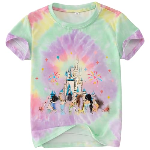 AG AGUU Princess Shirts for Kid Toddler Girl Magic Kingdom T-Shirt Cute Castle Tees Holidays Vacation Outfit Summer Tops(Tie dye-Green,4-5T)