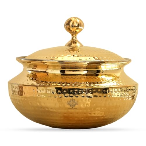 Image of INDIAN ART VILLA Brass Handi for Cooking with Tin Lining Inside, Degchi /Sipri, Ideal for Biryani, Cooking & Serving, Premium Brass Utensil, Volume - 15000 ml