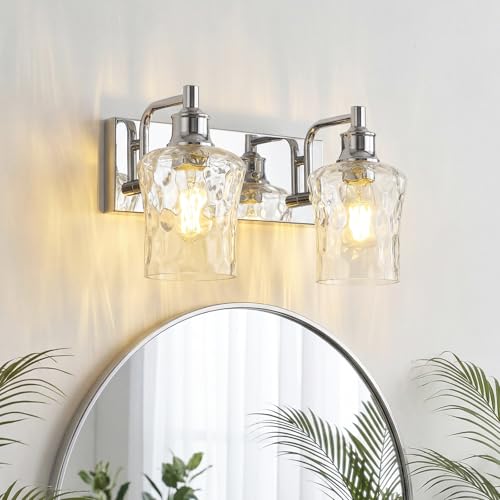 Image of Bathroom Light Fixtures Farmhouse Chrome Vanity Lights for Bathroom Lighting Fixtures Over Mirror with Hammered Glass Lampshade for Cabinet Mirror Bedroom Hallway 2 Light