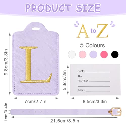 Image of Personalized Initial Luggage Tags for Suitcases, Cute PU Leather Embroidered Letter Travel Luggage Tags, Suitcase Identifier Name Baggage Tag, Bag Tags for Men Women Kids Luggage Handbags(Purple L)