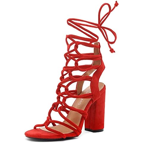 Shoe Land KYLER Women's Open Toe Lace Up Party Shoes Chunky Block Heeled Sandals, Red, 4 UK Cover