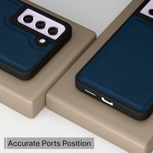 Image of Amazon Basics Back Cover for Samsung Galaxy S21 FE 5G | Premium PU Leather | Soft Touch Finish | Full Camera Protection | Raised Edge Bumper Case (Blue)