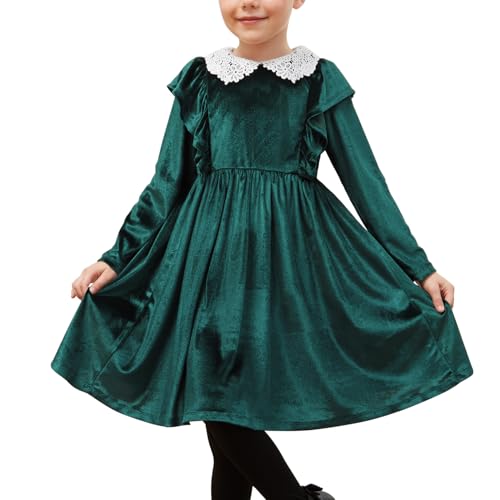 QPANCY Girls Velvet Dress Ruffle Trim Long Sleeve Midi Guipure Lace Collar Party Dresses