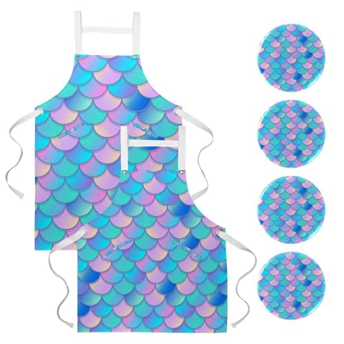 Lot de 2 tabliers de cuisine avec motif écailles de sirène et 4 broches incluses
