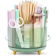 SKYDUE Rotating Pencil Pen Holder, Pen Organizer with 5 Slots - Aesthetic Desk Organizer and Accessories for School, Home, Office Supplies, Clear Green