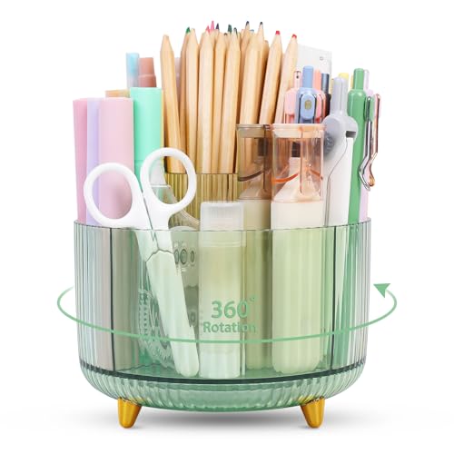 SKYDUE Rotating Pencil Pen Holder, Pen Organizer with 5 Slots - Aesthetic Desk Organizer and Accessories for School, Home, Office Supplies, Clear Green