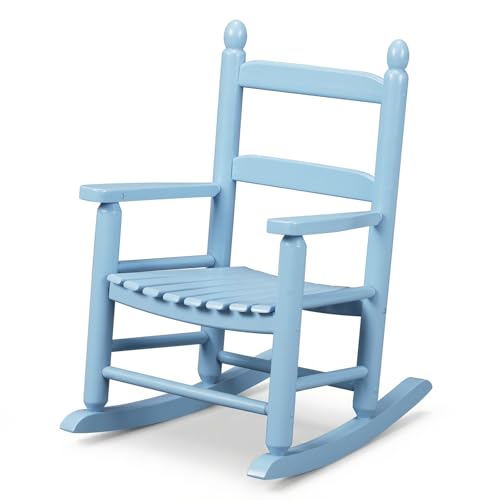 Outvita Kids Rocking Chair Ergonomic Sturdy Toddler Rocking Chair with High Backrest & Rounded Armrests Safe Solid Wood Baby Rocker Chair for Age 3-6 Outdoor Living Room Reading Room(Blue)