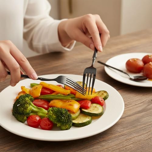 Image of Elegant Handle Black 10 Pcs Heavy Duty Stainless Steel Cutlery Set for Dining Table (2 pcs Spoon Set+2 pcs Forks Set+2 pcs Butter Knife+2 pcs Dessert Spoon+ 2 Pcs Fuit Fork for Kitchen)