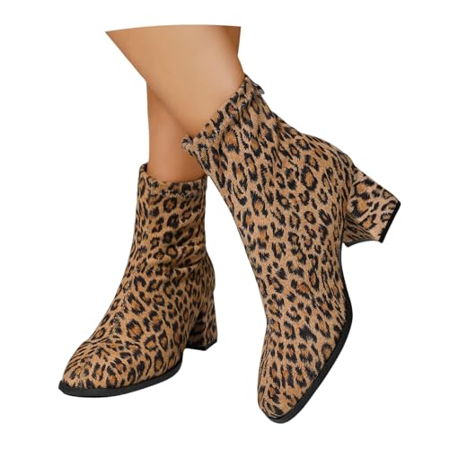 Stivaletti Taglie Forti Da Donna Eleganti Stivaletti Chelsea Con Tacco Largo Stivali Corti In Pelle Scamosciata Boots Leopardati Con Cerniera Scarpe Alla Caviglia Da Donna, 36-43 EU(Leopard,41 EU)