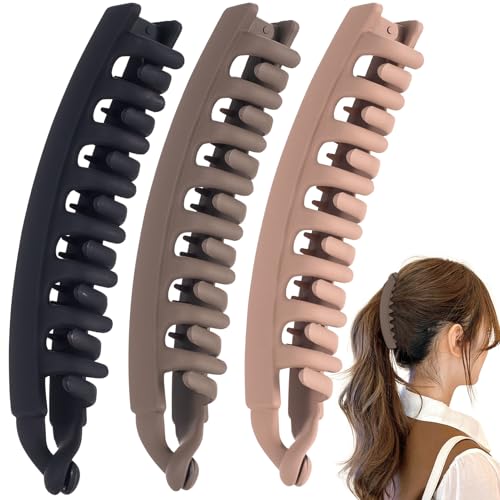 3pcs Banana Hair Clips for Women, Non-Slip Large Hair Claw Clips, Classic Double Combs Hair Accessories for Thick Thin Fine Straight Curly Long Short Hair- Black and Light Coffee and Coffee
