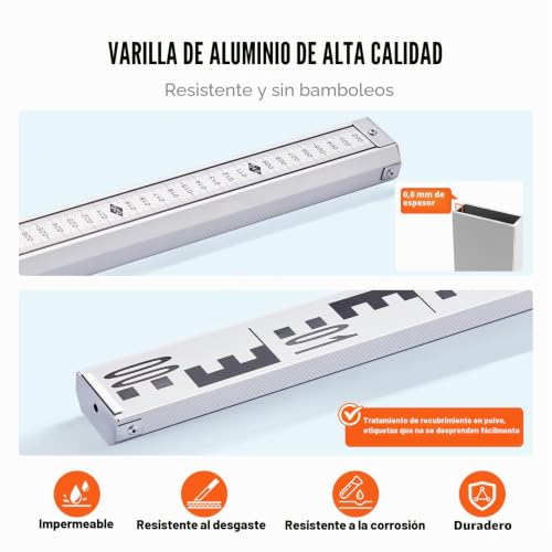 Miniatura 4 de Vevor Varilla De Medición Telescópica De Aluminio De 4 M, Escala De Doble Cara En Cm Mm, Varilla De Nivelación, Con Nivel De Burbuja Y Bolsa De Transporte Para Medir Paredes Y Pisos, 4000 X 57 X 35 Mm