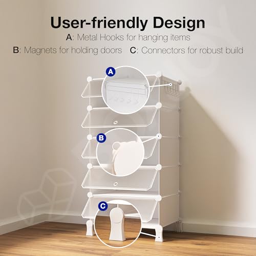 Image of BOXJOY 5 Shelf Shoe Rack Box Organizer with 5 Doors, Strong Magnets & 5 Hook Steel Holder for Home Storage, PP Plastic Cabinets with Metal Frame, Chappal Slipper Stand (White Rack, Translucent Door)