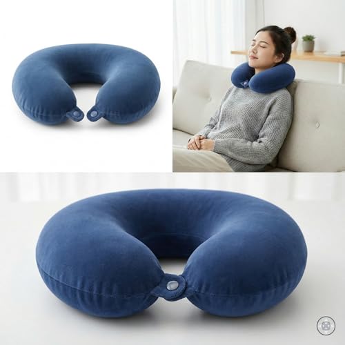 Image of Travel Neck Pillow for Adults, Fiber Filled U-Shaped Neck Support Pillow with Button Closure, Soft Plush Neck Cushion for Airplane, Car, Office & Travel (Light Blue)