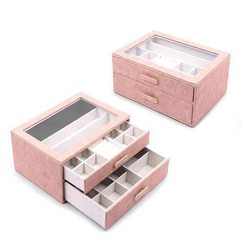 Image of BucketList Premium PU Leather Jewellery Organizer Box with Glass Lid | 2 Pull-Out Drawers Multi-Compartment Storage for Rings, Earrings, Necklaces & Bracelets (2-Layer Jewelry Box (Pink))