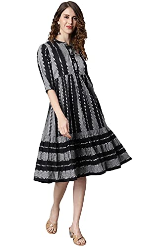 Image of Janasya Women's Black Cotton Western Dress