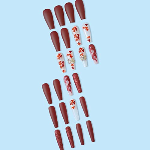 Hkanlre Red Press On Nails Tips Coffin Long Leaf Fake Nails Bling Full Cover Ballerina Rhinestones False Nails For Women And Girls 24Pcs #TOP2