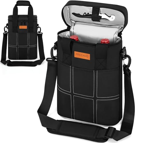 FREEAMG 2 Bottle Wine Lovers Gifts for Women, Wine Gifts Baskets, Wine Tote Bag, Cooler Bag Leakproof Wine Carrier Case with Insulated Padded & Adjustable Shoulder Strap & Handle