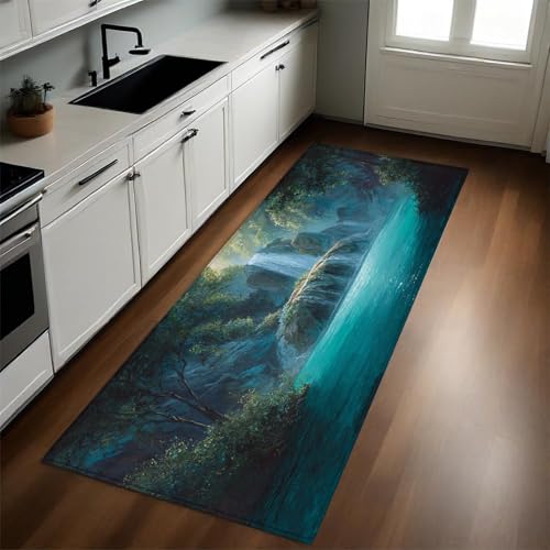 Smaragdgrün Flur Läufer Teppich 50x150 cm Wasserfall Felsen...