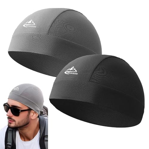 2 Pack Skull Cap Beanie Hat, Breathable Moisture Wicking Helmet Liner Cap Men Lightweight Summer UV Protection Sports Headwear for Running Cycling Hiking Motorbike Football Gym Chemo Sleeping