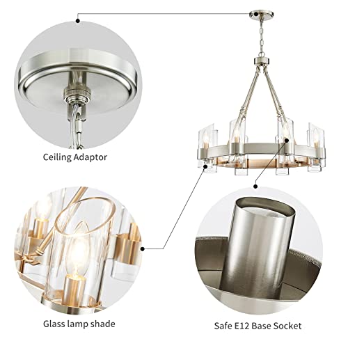 Image of WUZUPS Wagon Wheel Chandelier 8-Light with Clear Glass Industrial Modern Farmhouse Round Light Fixture for Dining Room Kithen Island Foyer, Width 26 inch Height 22 inch, Nickel