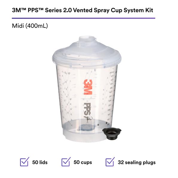Image of 3M PPS Series 2.0 Vented Spray Cup Kit, Midi, 26262, Ready to Use Vented Cup, Includes 13.5 fl oz Cup, Lids with a 200 Micron Filter Built in for Easy-to-use for Automotive
