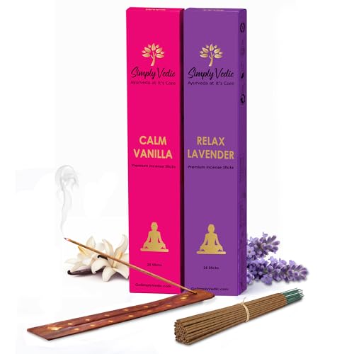 Image of Simply Vedic Luxe Incense Sticks Lavender & Vanilla Combo (50 Sticks) Hand Rolled Masala Agarbatti with Holder | Natural Long Lasting Fragrance for Relaxation Sleep Meditation Home Fragrance Low Smoke