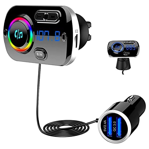 SONRU Upgrade Transmisor FM Bluetooth 5.0 Coche, Manos Libres para Vehículos, Reproductor MP3 Coche, Carga Rapida QC3.0, 2 USB Portes 5V/3A y 2.4A, Apoyo Tarjeta TF AUX, SIRI/Google con Luz Colorida
