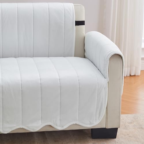 Image of Great Bay Home Velvet Loveseat Cover - Washable Slipcover Furniture Protector with Elastic Straps - Furniture Cover for Dogs, Kids, and Pets - Stitched Detail (White)