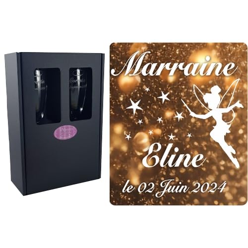 2 Flûtes à Champagne Gravées Modèle Fée avec Boîte Cadeau - Cadeau Parrain ou Marraine – Verre de Baptême Communion – Coupe de Champagne personnalisée (demande annonce naisance) – Fée Clochette Disney