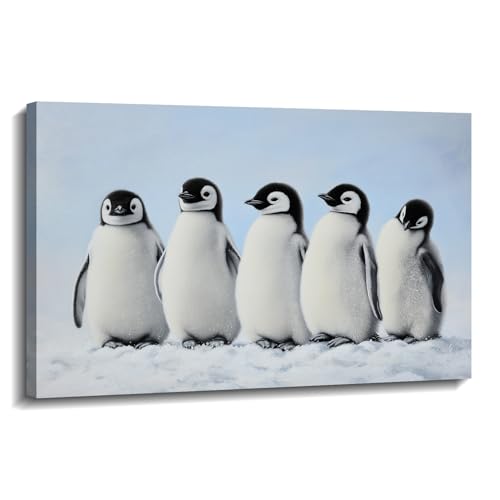 Gray toned canvas print showing a group of small penguins on ice, gallery wrapped and ready to hang