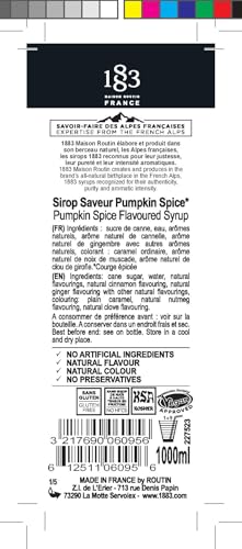 Image of 1883 Pumpkin Spice Syrup - Premium French Flavoring Syrup for Coffee, Lattes, Iced Coffee, Cocktails & Desserts - 1L Glass Bottle, Made in France