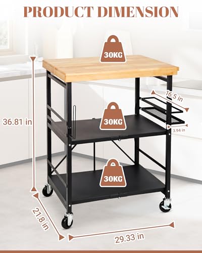 Image of Mythinglogic Foldable Kitchen Cart with Wheels, Rolling Kitchen Island with Wood Top, 3-Tier Microwave Stand Coffee Bar Cart with Side Storage Rack, Black