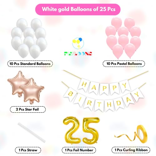 Image of Flyloons 25th Happy Birthday Decoration Kit Pink White for Boys Girls Kids Twins Men Women With 20 Pcs Pastel Balloons Birthday Banner 2 Pcs Star Items Set