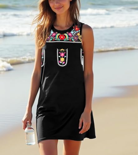 Image of MOUSYA Women Mexican Embroidered Dress for Women Summer Tank Boho Dress Casual Sleeveless Sundress Black