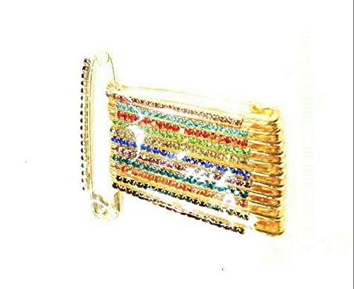 Golden & Multi Colour Diamond Designer Safety PIN Saree PIN ONE Side of Safety PIN Hijab Sari PIN Women Brooch 1.75 inches - 12 Pack - Comes with Velvet Pouch