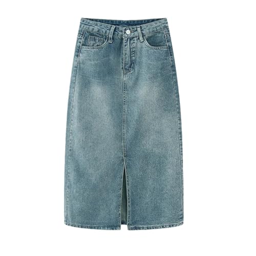 Women Summer High-Waist Slit Denim Skirt Washed Retro A- Line Solid Straight Long Skirt