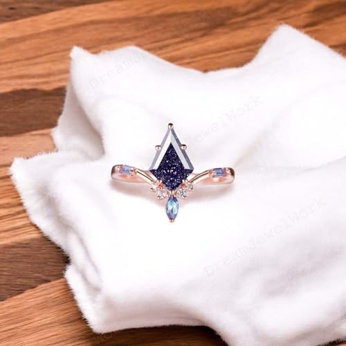 Kite Shape Blue Sandstone Engagement Ring, Unique Twig Sterling Silver Starry Galaxy Blue Sandstone Promise Ring Gift For Her2