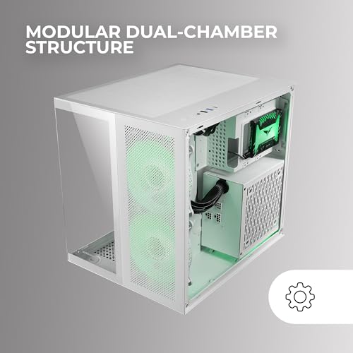 MC-NOVAM, Case Compatto Custom MicroATX, Vetro Temperato Continuo Doppia Finestra, Telaio Modulare Doppia Camera, Griglia Frontale, Supporto Raffreddamento Liquido, Connettore USB-C,Bianco - Case PC - Immagine 3