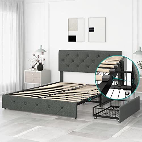 Wancla Queen Upholstered Platform Bed Frame With 4 Storage Drawers/Adjustable Button Tufted Headboard/No Box Spring Neeed/Wood Slat Support/Easy Assembly/Dark Grey, Leathaire #TOP1