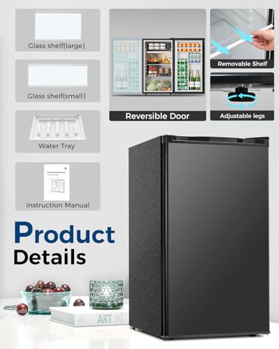 Image of Feelfunn Mini Fridge with Freezer - 3.2 Cu.Ft Single Door Mini Refrigerator with Adjustable Thermostat, Small Fridge for Bedroom, Apartment, Dorm - Black