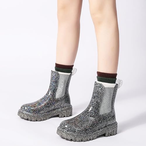 DRECAGE Gummistiefel Damen Halbhoch Regenstiefel Wasserdicht Chelsea Boots Damen Regenschuhe Kurz Silber 39 EU