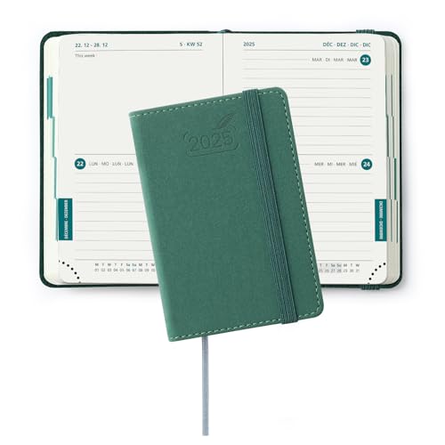 BEZEND Mini Agenda Bi-Giornaliera 2025 Tascabile 2 Giorni per Pagina - Agenda Settimanale 2025 Piccola 1 Settimana su 4 pagine - Copertina Rigida in Pelle PU, A7 12 x 8 cm, Natale Verde