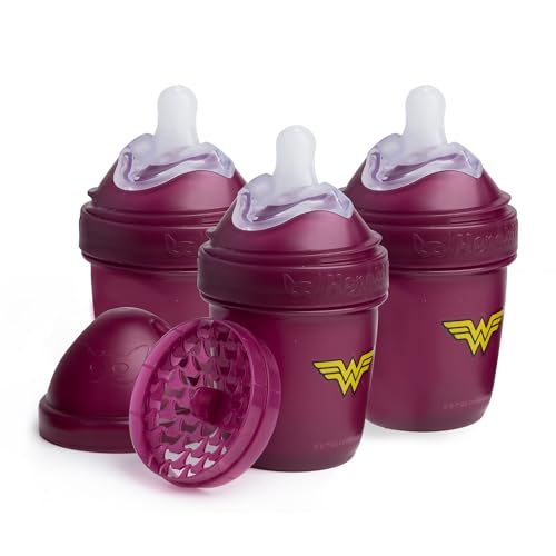 Image of Herobility Anti-Colic Baby Bottles 5 oz / 140 ml – Pack of 3 Newborn Baby Bottles, Slow Flow Plastic Bottles, Breast-Shaped Teat for Breastfed Babies, Small Baby Bottles, Swedish Design, Wonder Woman